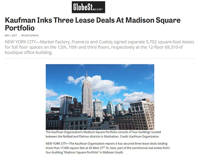 GlobeSt.com article: Kaufman Inks 3 Lease Deals