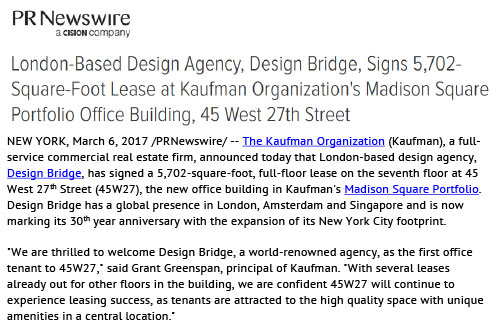 PR Newswire: London-Based Design Agency, Design Bridge, Signs 5,702-Square-Foot Lease
